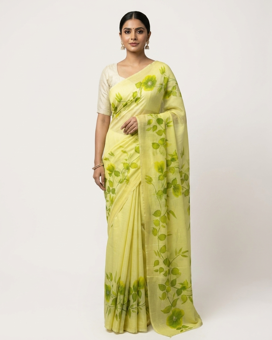 Light Green Floral Handmade Madhubani Painting Saree with Blouse – Handcrafted Mithila Art Saree for Women