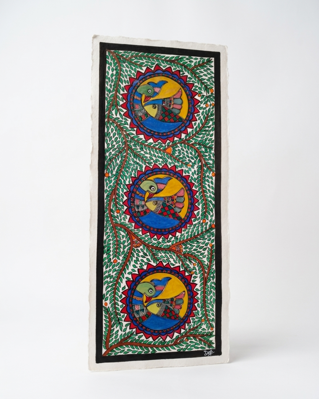 Peacocks and Fish Madhubani Painting on Handmade Paper (11x28 Inch) – Traditional Mithila Folk Art Wall Decor