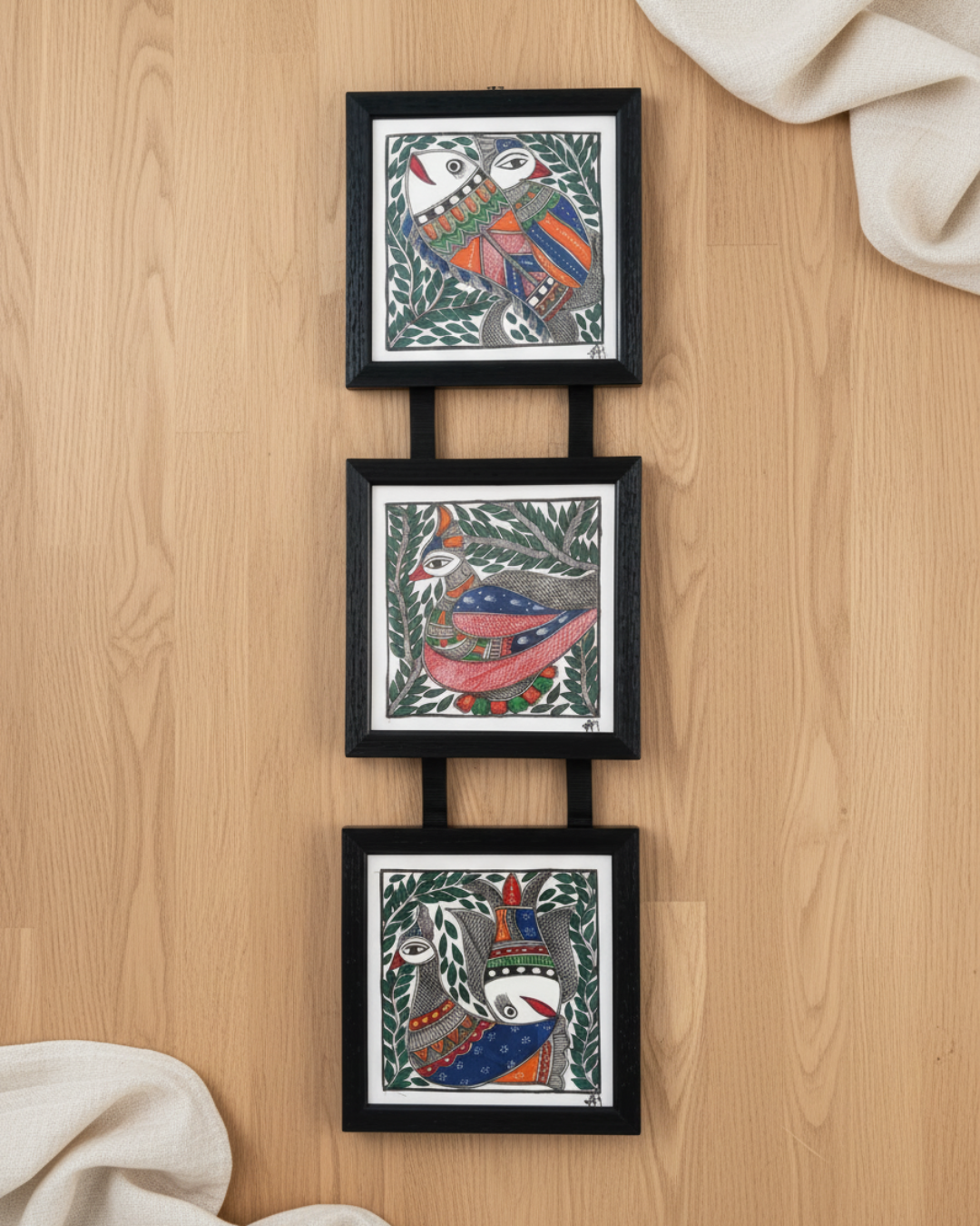 Fish & Peacock Madhubani Triple Frame Wall Hanging – Handmade Decor