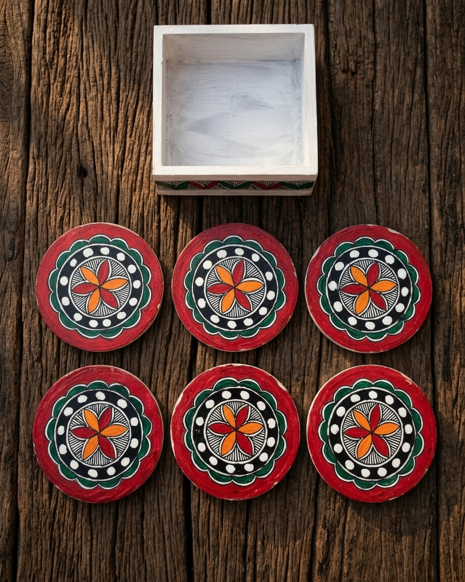 Handmade Rangoli Design Coaster Set Madhubani Painting with Stand | Set of 6 Tea Coasters