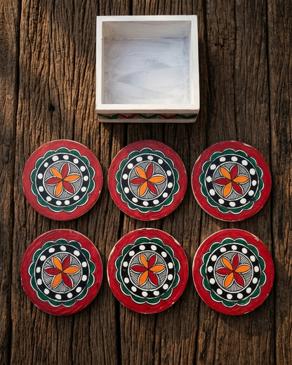 Handmade Rangoli Design Madhubani Coaster Set with Stand