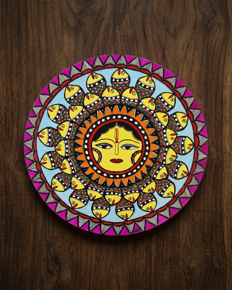 Handmade Surya & Fish Madhubani Wall Art on MDF Board – Traditional Mithila Painting Decor
