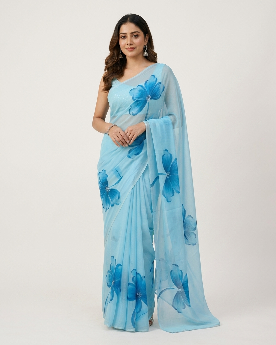 Sky Blue Floral Handmade Madhubani Painting Saree with Blouse – Handcrafted Mithila Art