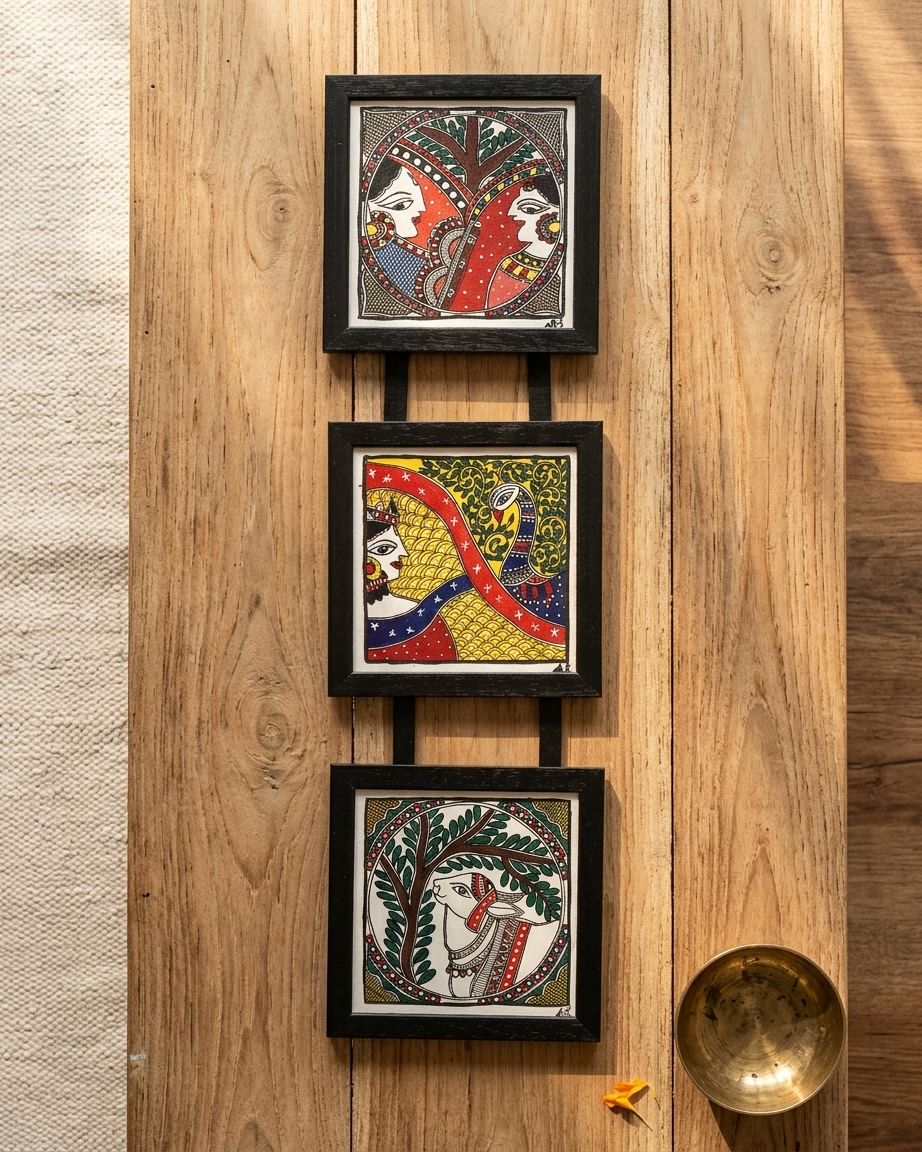 Handmade Krishna & Radha Madhubani Painting Triple Frame Wall Hanging – Traditional Mithila Art Decor