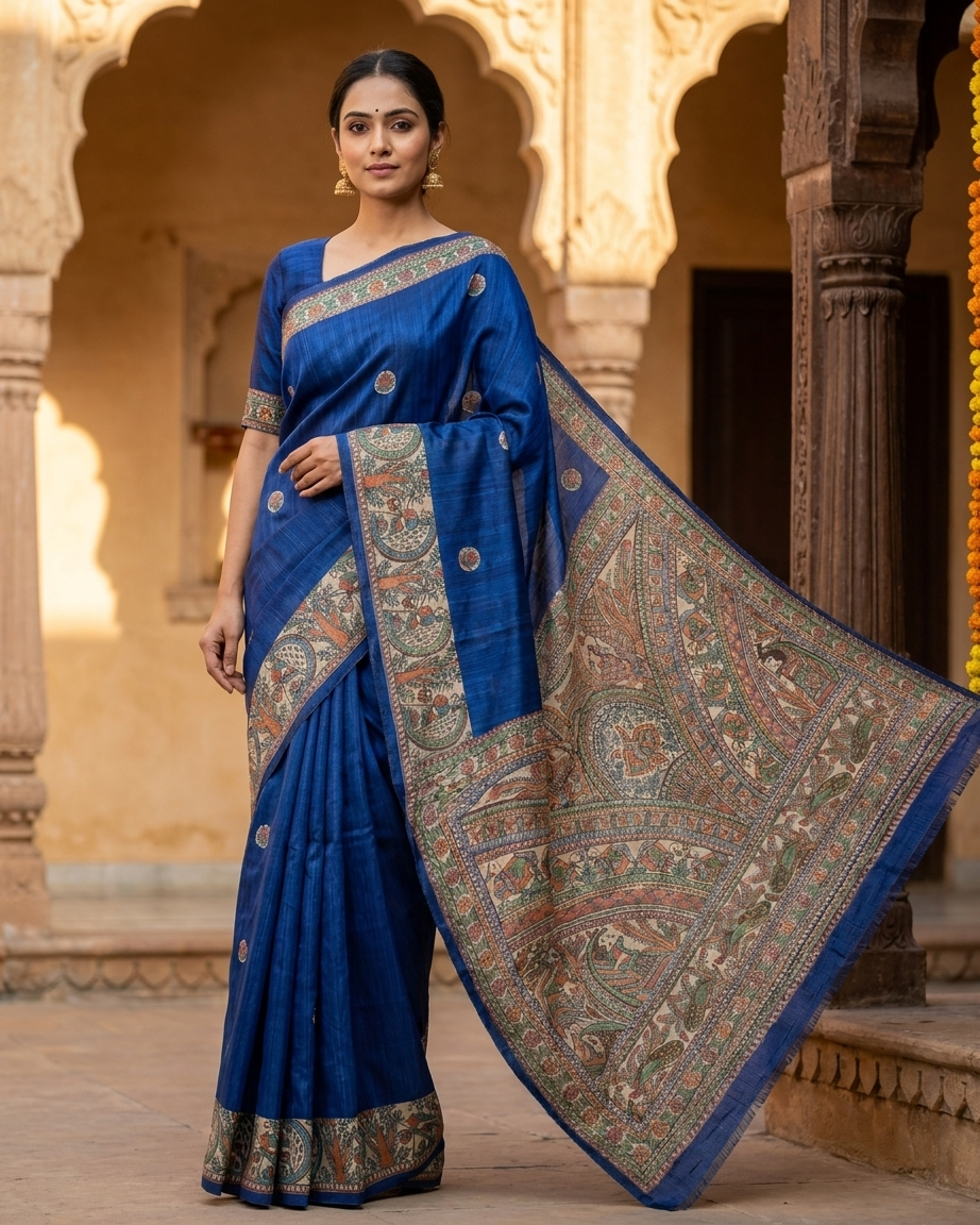 Blue Handmade Madhubani Painting  Saree with Blouse