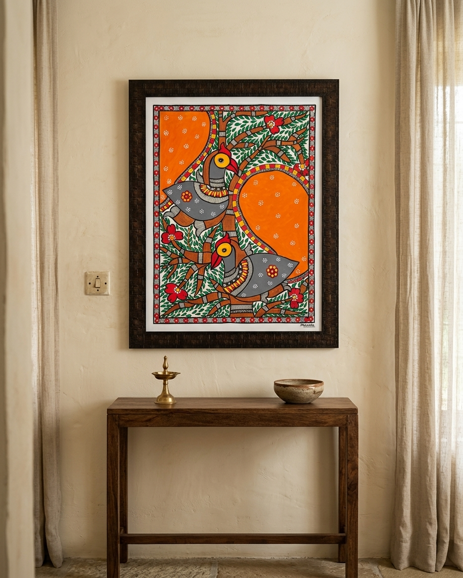 Peacock Madhubani Painting  with Frame – Traditional Indian Wall Art