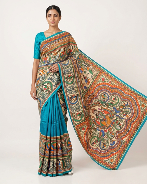 Bright Blue Handmade Madhubani Painting  Saree with Blouse