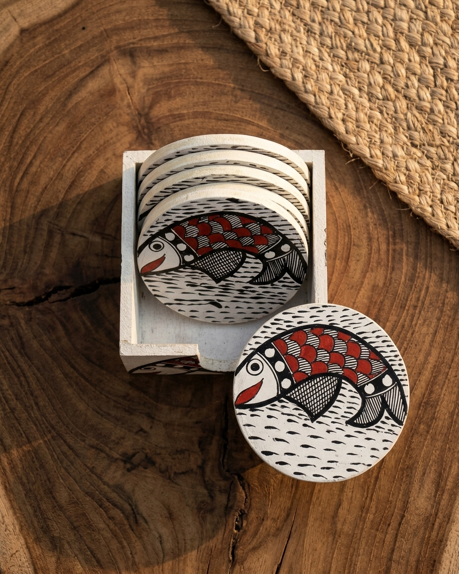 Handmade Fish Design Coaster Set with Stand | Madhubani Painting Tea Coasters Set of 6