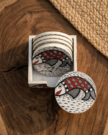 Handmade Fish Design Madhubani Coaster Set with Stand