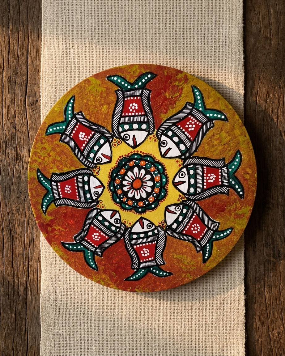 Fish Madhubani Wall Art on MDF Board – Handmade Mithila Painting for Home Decor