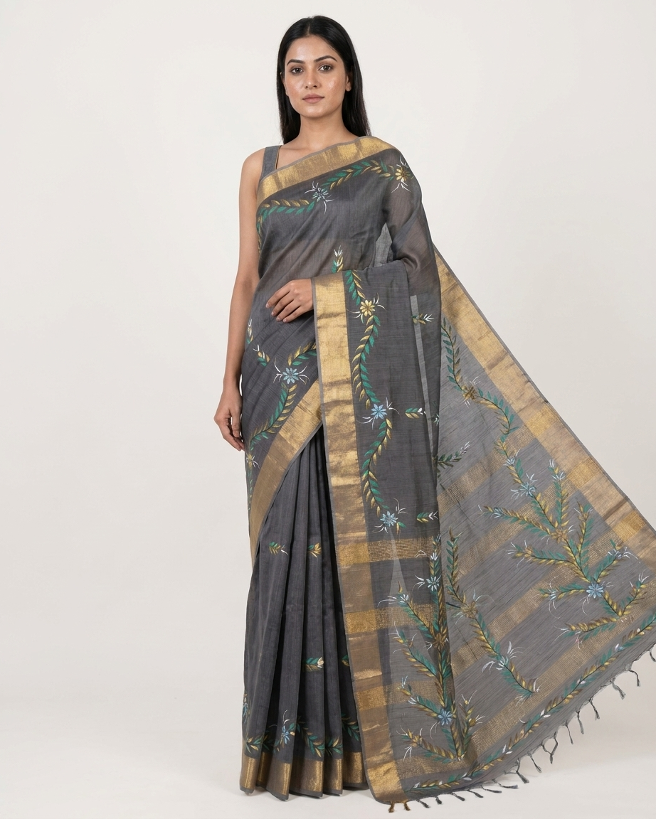 Dark Grey Handmade Madhubani Painting Saree with Blouse - Traditional Mithila Art