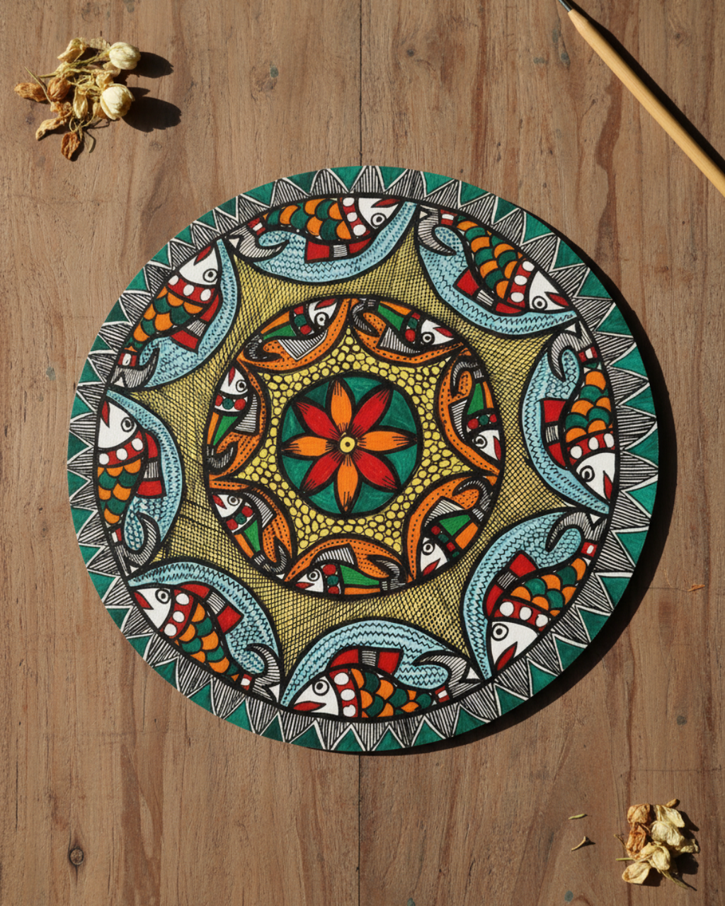 Fish & Lotus Mandala Madhubani Wall Art | 12 Inch MDF Board