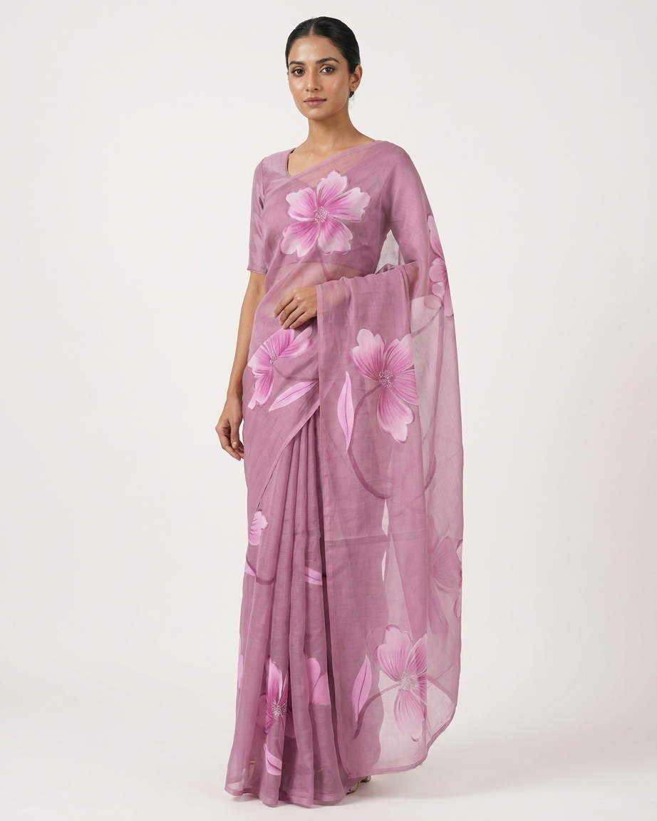 Dusty Pink Floral Handmade Madhubani Painting Pure Saree with Blouse – Handcrafted Mithila Art