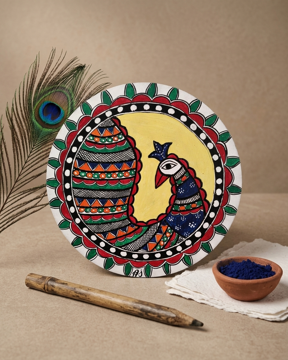 Peacock Madhubani Painting Wall Art – Handmade Indian Folk Art Decor