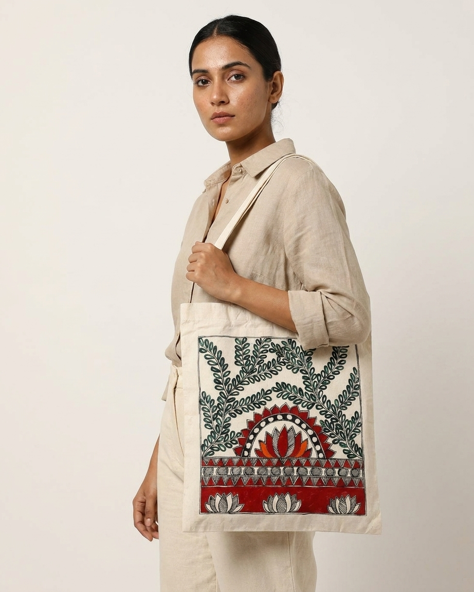 Madhubani Painting Tote Bag – Handmade Art Bag for Shopping, Travel & Daily Use