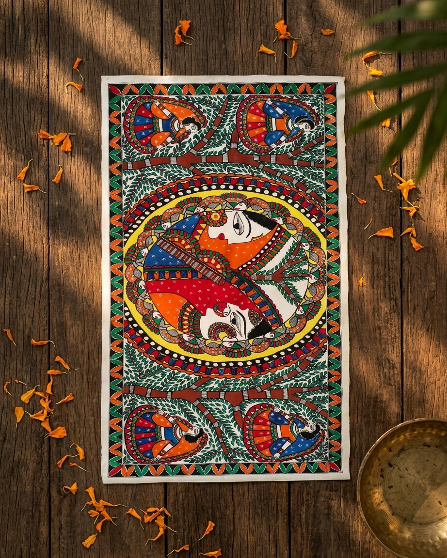 Krishna Radha Rashlila Madhubani Painting Canvas Wall Art Without Frame
