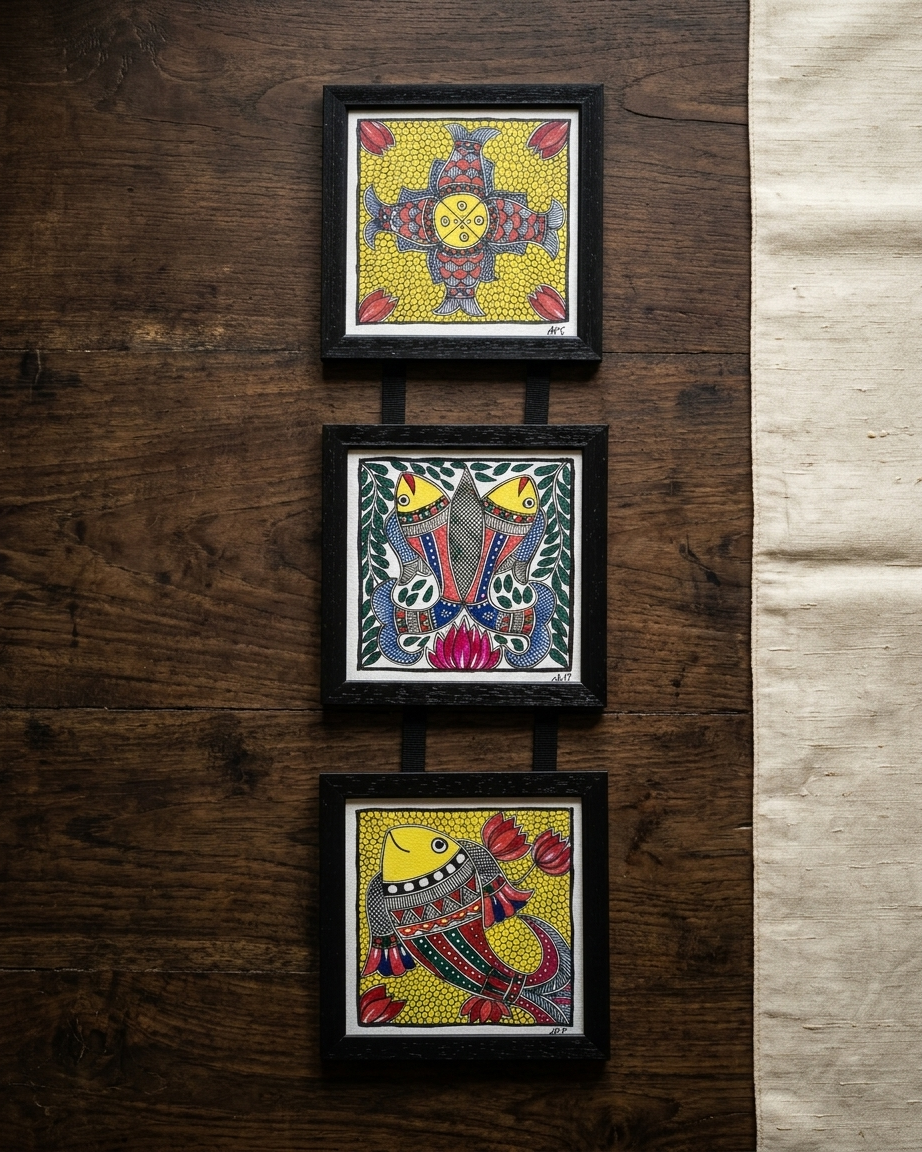 Handmade Fish Madhubani Painting Triple Frame Wall Hanging  – Traditional Mithila Art Decor