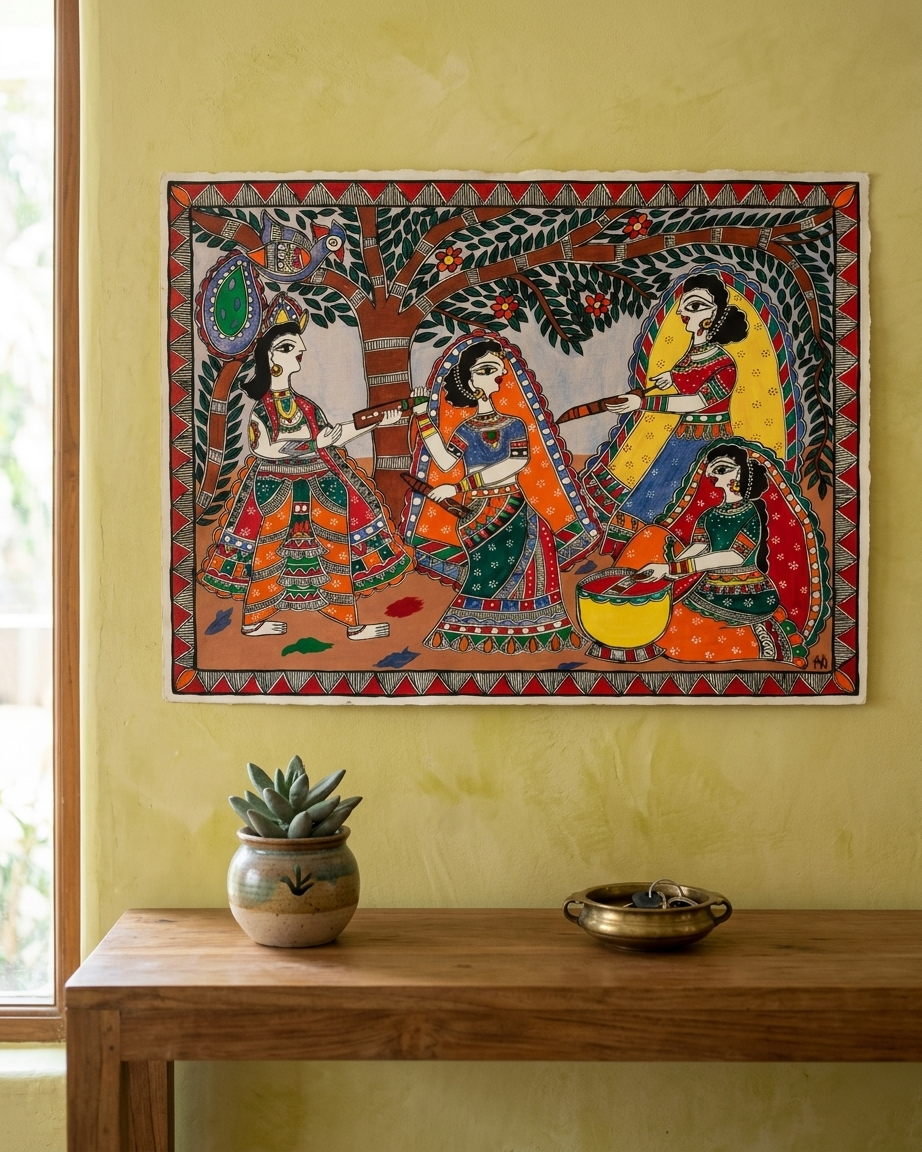 Krishna & Radha Holi Festival Madhubani Painting - Handmade Wall Art