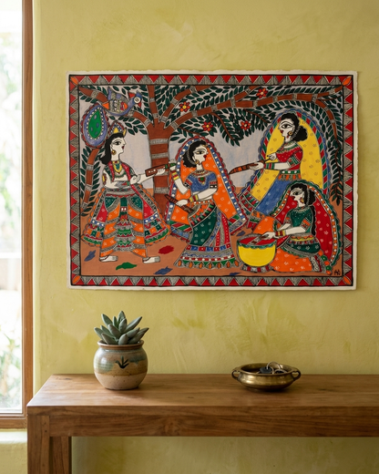 Krishna & Radha Holi Madhubani Painting | Wall Art Decor