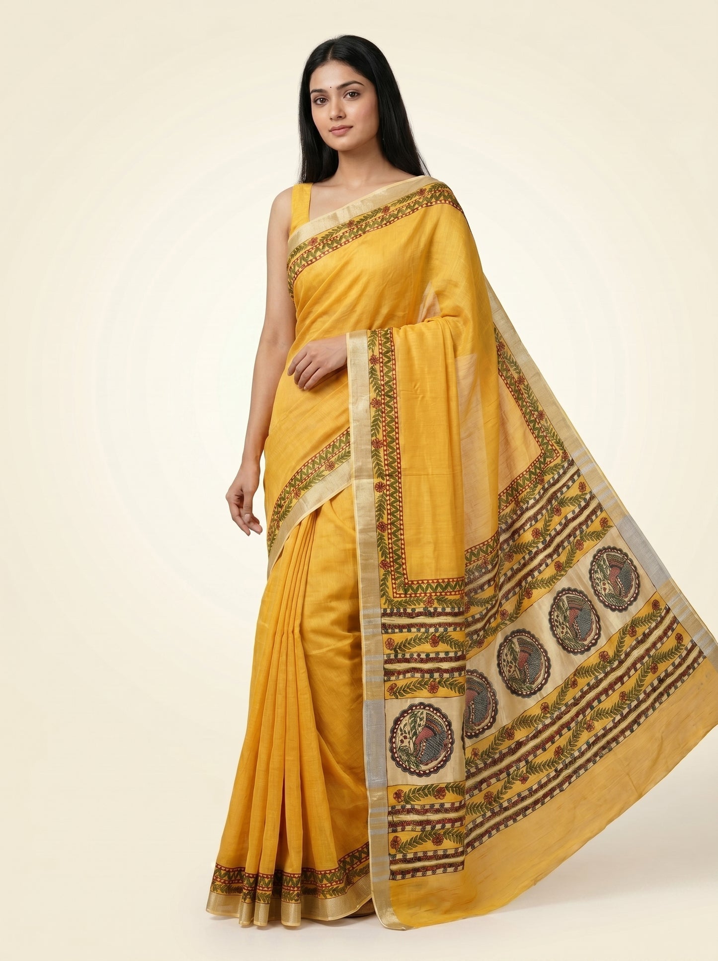 Mustard Yellow Handmade Madhubani Saree with Blouse