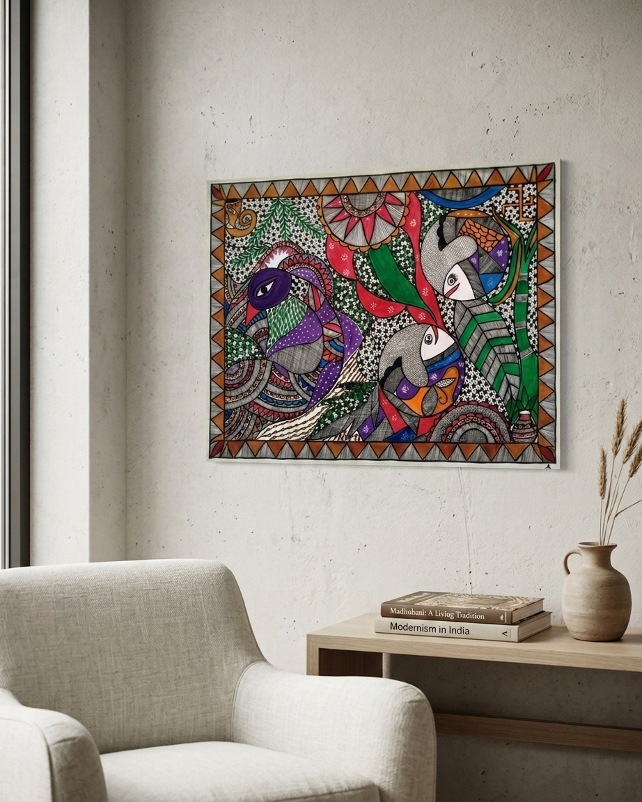 Fish and Peacock Madhubani Painting Handmade Paper Wall Art Without Frame