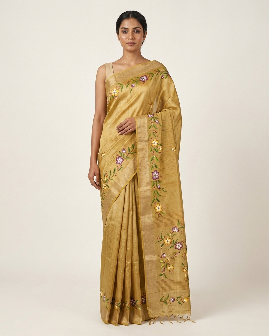 Golden Beige Floral Handmade Madhubani Painting  Saree with Blouse