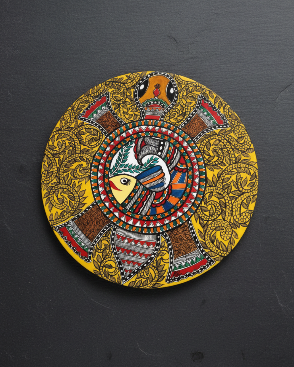 Kurma (Tortoise) with Fish & Floral motifs Madhubani Wall Art | 14 Inch MDF Board