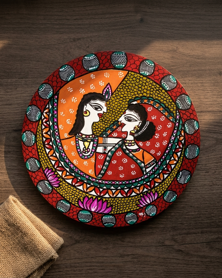 Krishna and Radha Madhubani Wall Art on MDF Board – Handmade Mithila Painting for Home Décor