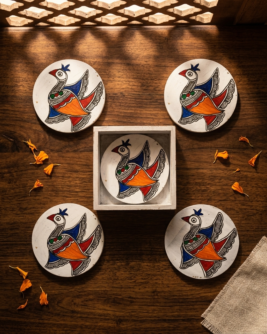 Handmade Peacock Design Madhubani Coaster Set with Stand | Tea Coasters Set of 6