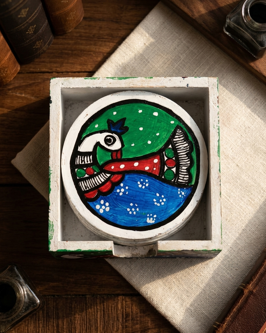 Handmade Peacock Design Coaster Set with Stand | Madhubani Painting Tea Coasters Set of 6