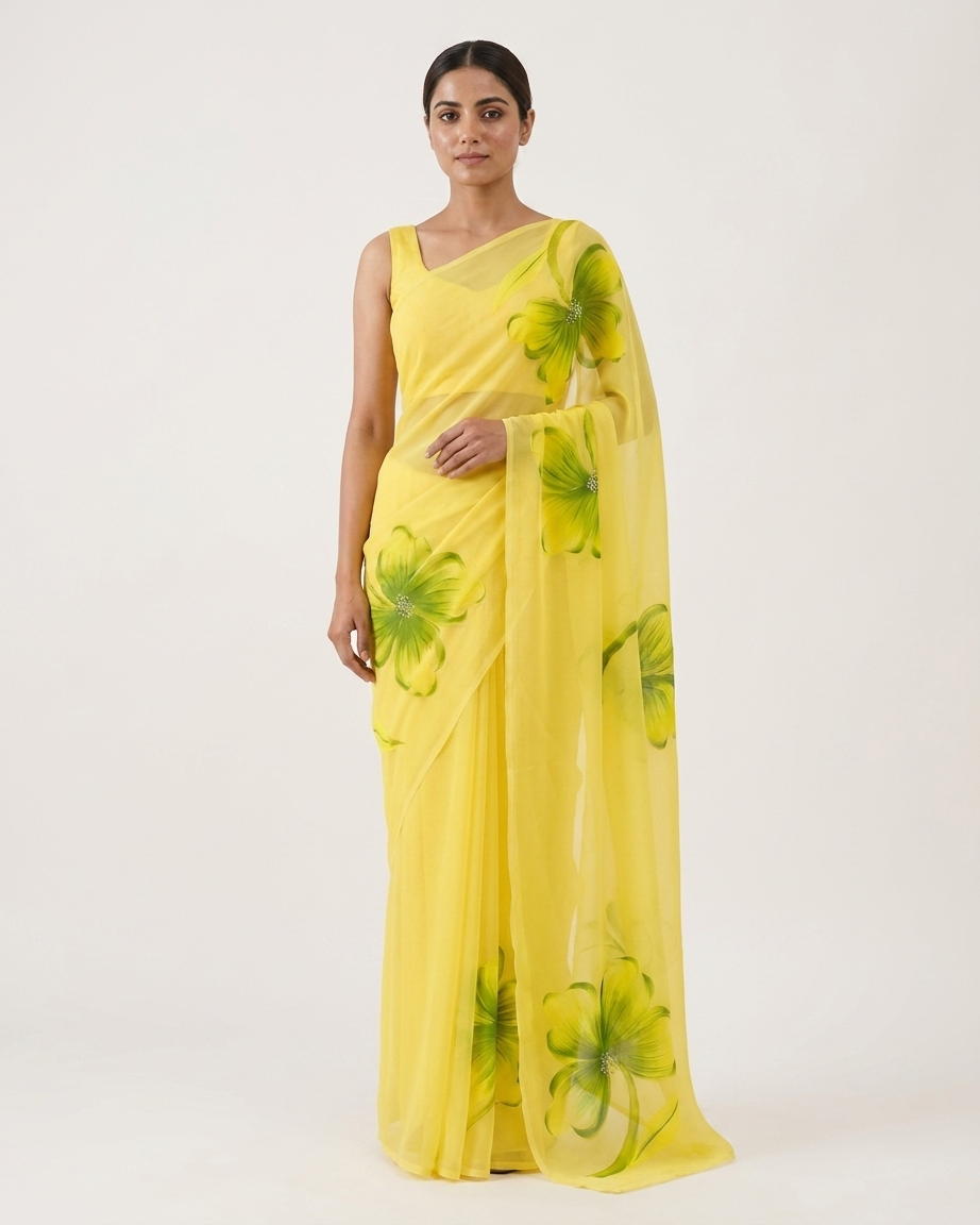 Lemon Yellow Floral Handmade Madhubani Painting Saree with Blouse – Handcrafted Mithila Art