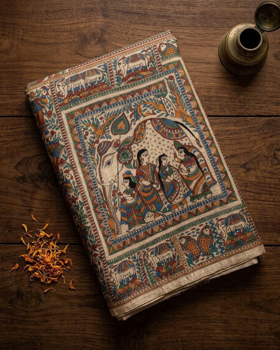 Handmade Madhubani Painting Saree with Blouse | All Over Ethnic Saree for Women