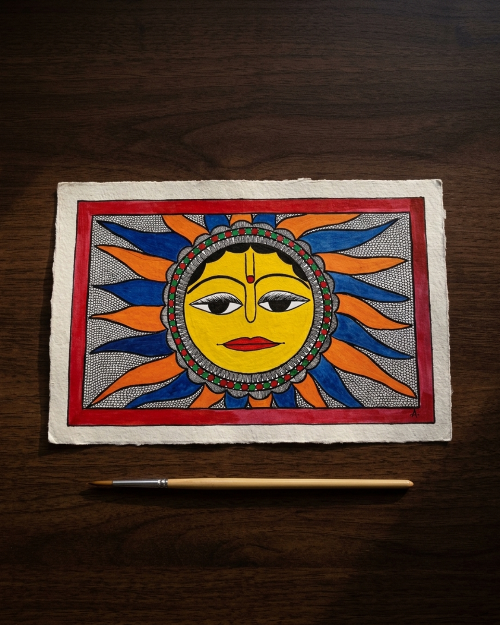 Sun Madhubani Painting on Handmade Paper (14x22 Inch) – Traditional Mithila Folk Art Wall Decor