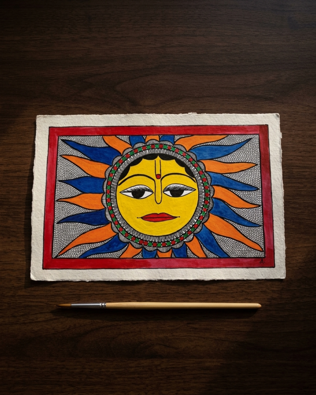 Sun Madhubani Painting on Handmade Paper (14x22 Inch) – Traditional Mithila Folk Art Wall Decor