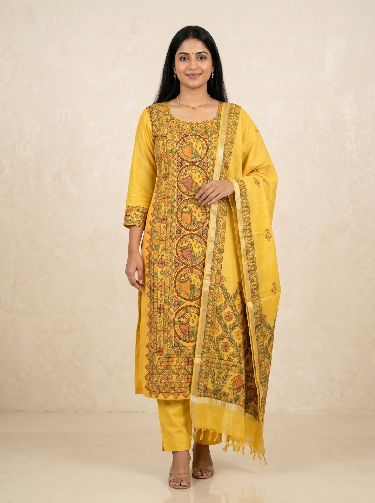 Hand-Painted Madhubani Kurti Palazzo Dupatta Set