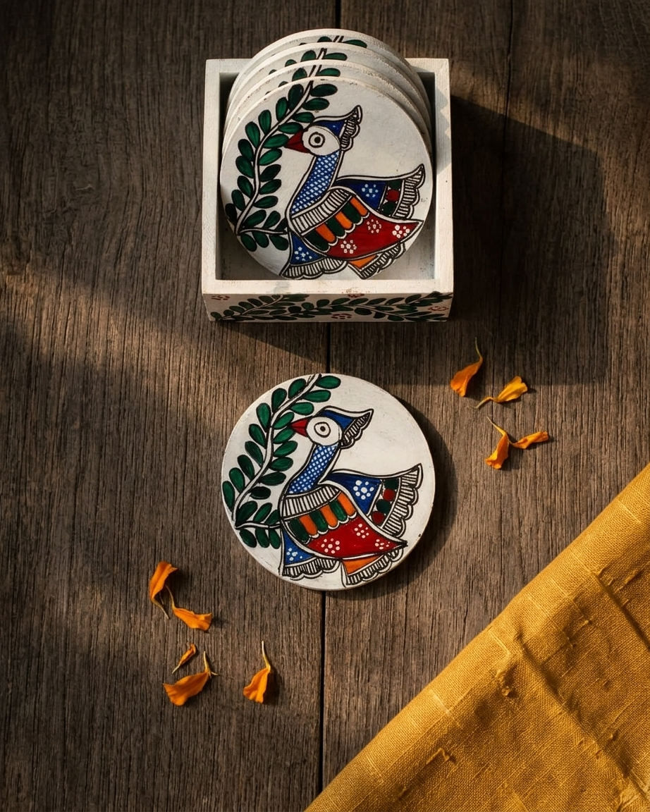 Handmade Peacock Design Coaster Set Madhubani Painting with Stand | Set of 6 Tea Coasters