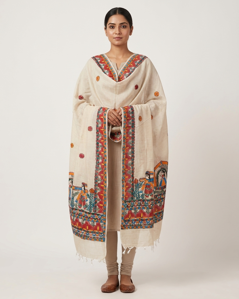 Handmade Madhubani Painting  Dupatta for Women – Handcrafted Ethnic