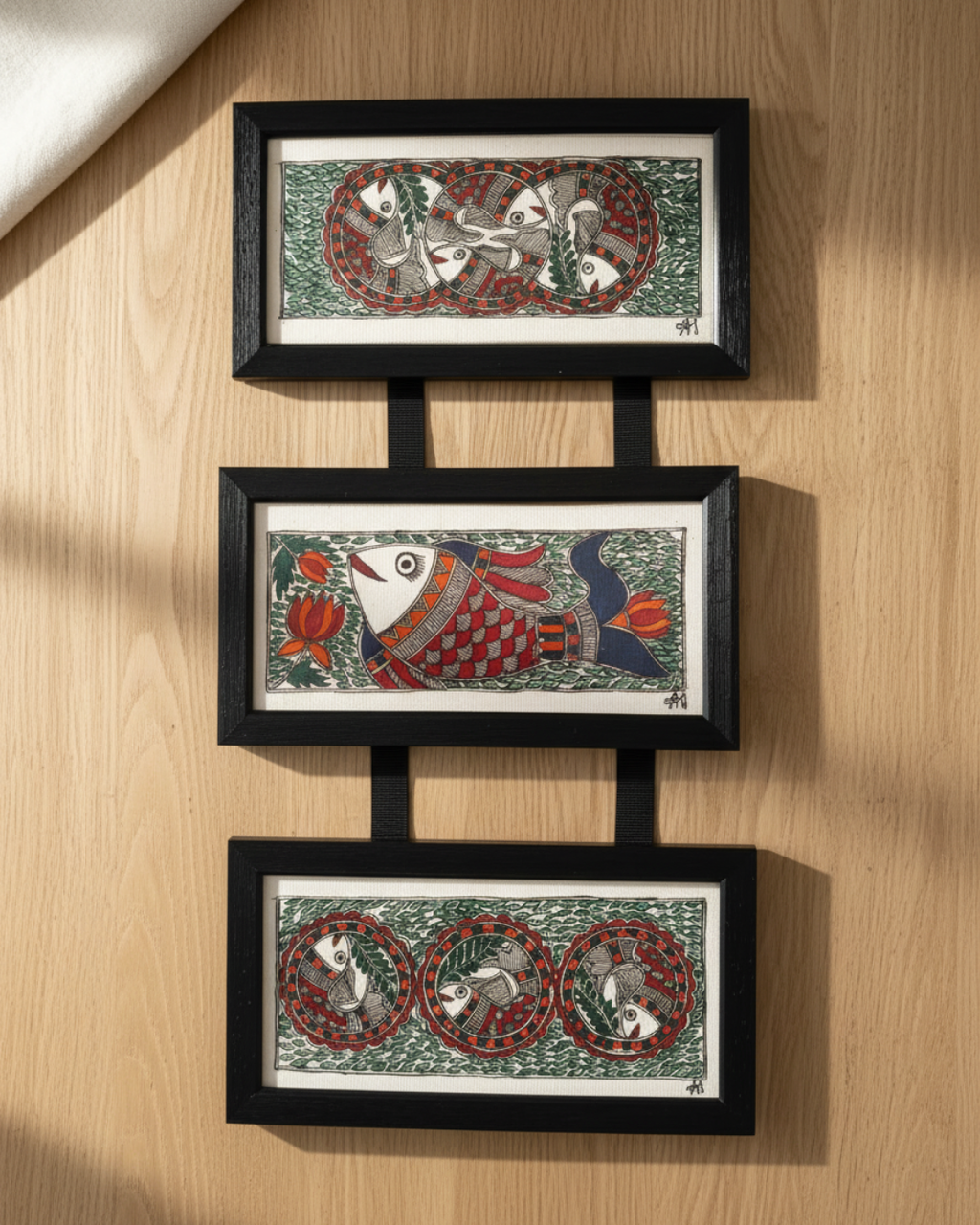 Fish Raas Madhubani Triple Frame Wall Hanging – Handmade Decor