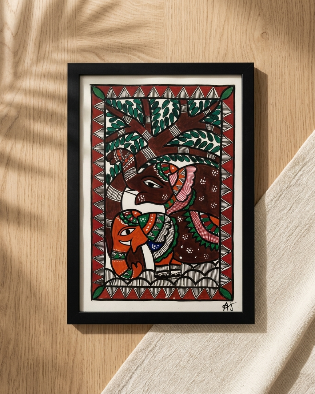 Elephant Madhubani Painting Framed A4 – Wall Art Decor