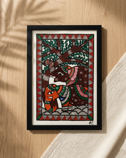 Handmade Elephant Madhubani Painting Framed Wall Art
