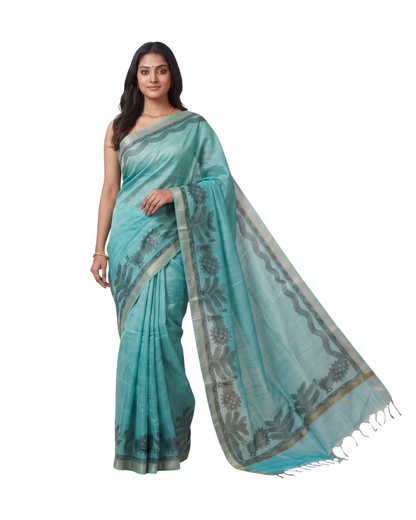 Turquoise Blue Handmade Madhubani Painting Saree