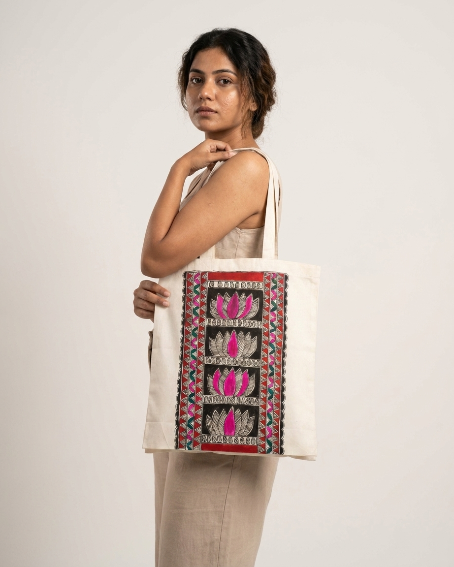 Handcrafted Madhubani Painting Tote Bag – Reusable Shoulder Bag for Everyday Use