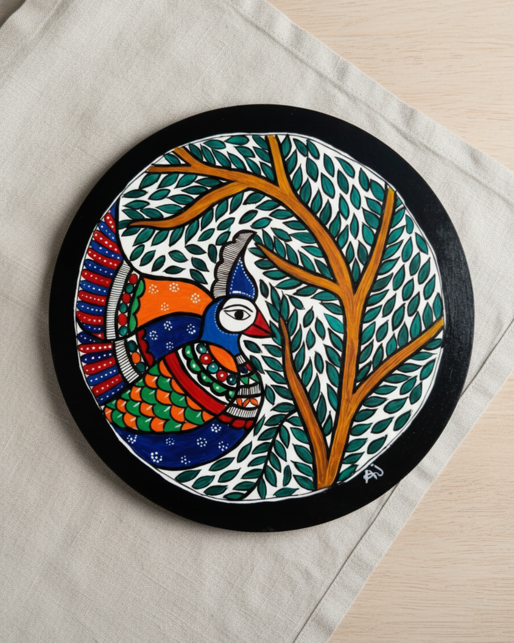 Peacock and Tree Madhubani Wall Art | 12 Inch MDF Board