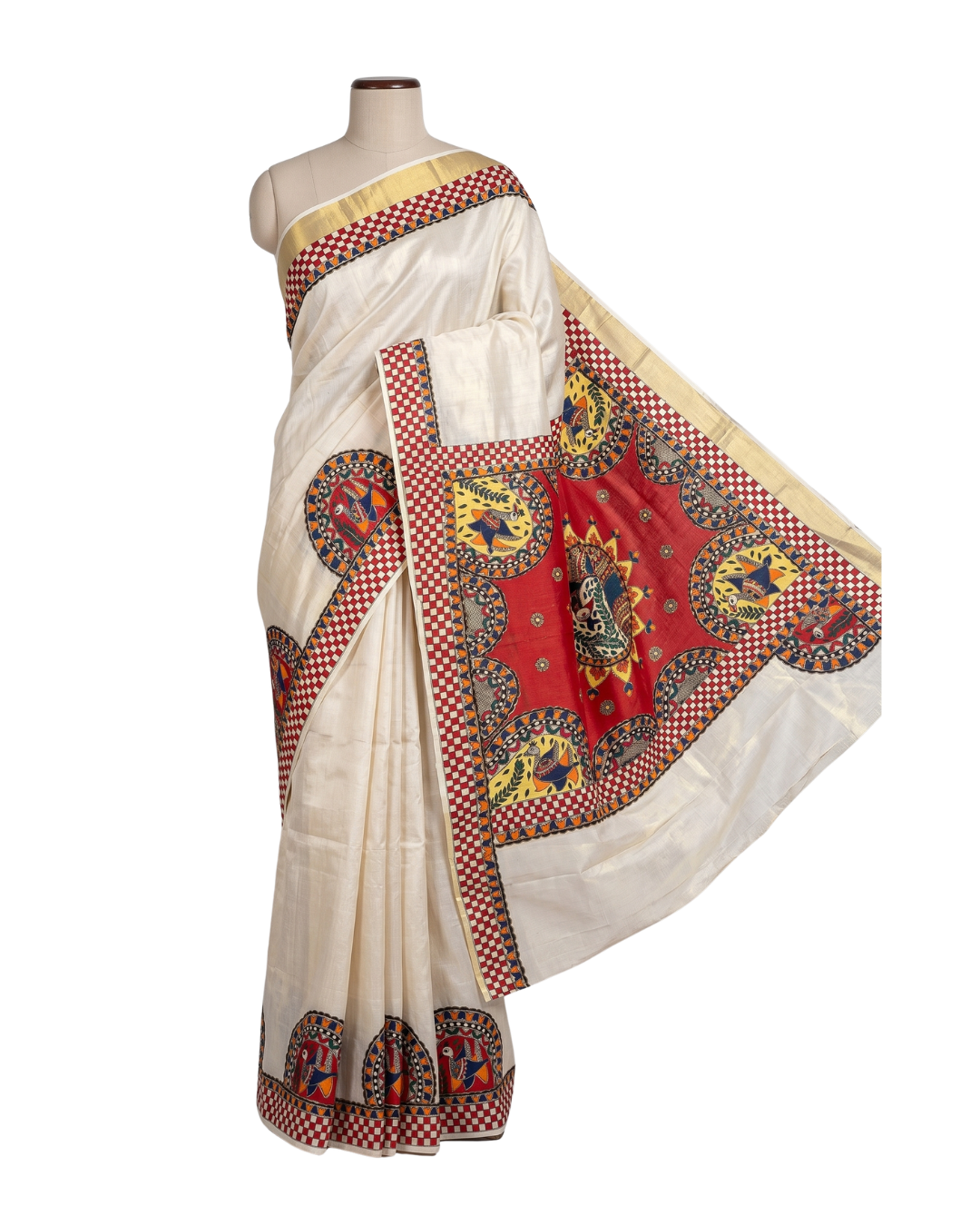 Handmade Madhubani Painting Kerala Cotton Saree with Blouse | Ethnic Saree