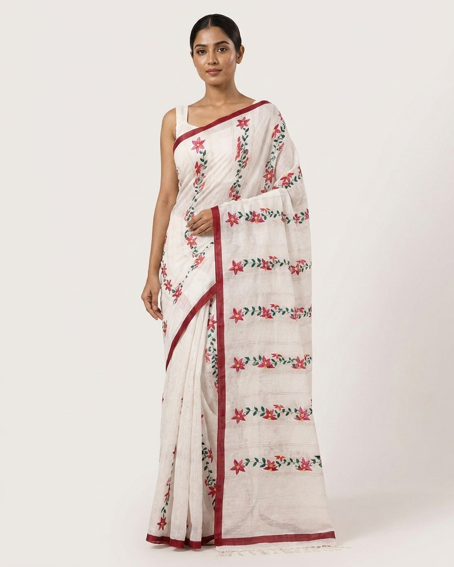 Red & White Floral Handmade Madhubani Painting Saree with Blouse