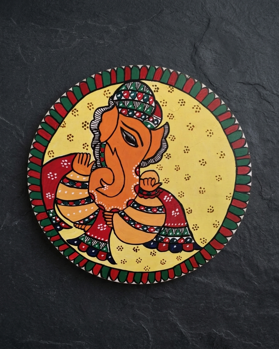 Handmade Ganesha Madhubani Painting Wall Art on MDF Board – Traditional Mithila Home Decor