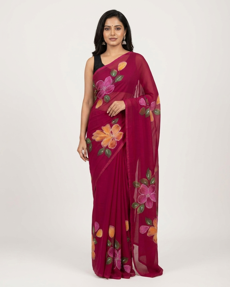 Floral Handmade Madhubani Painting Saree with Blouse  – Traditional Mithila Art Saree for Women