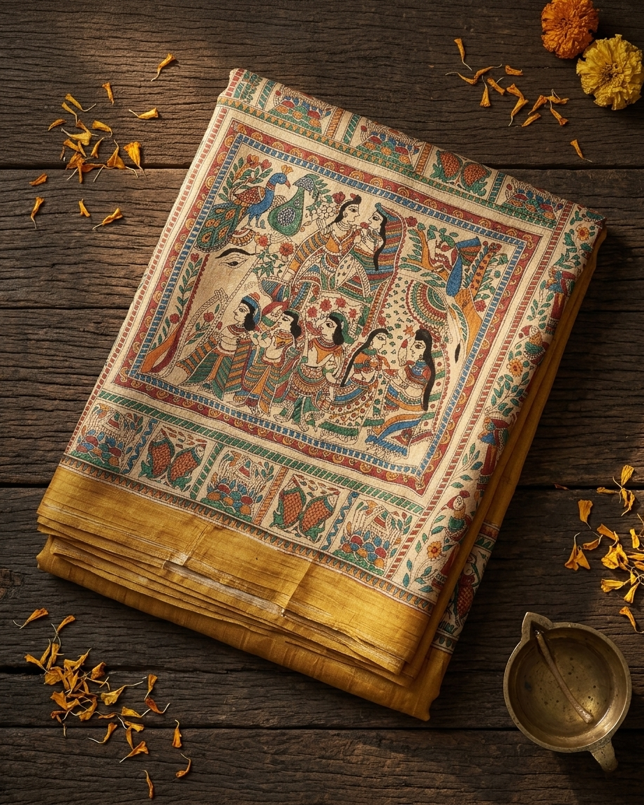 Handmade Madhubani Painting Saree with Blouse | Hand-Painted Ethnic Saree for Women