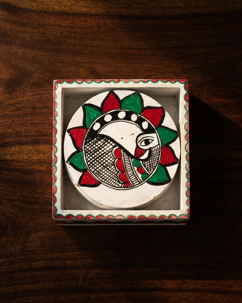 Handmade Peacock Design Madhubani Coaster Set with Stand | Set of 6 Decorative Tea Coasters