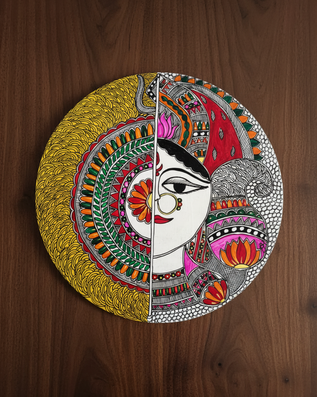 Feminine Spirit & Half-Face Mandala Madhubani Wall Art | 12 Inch MDF Board